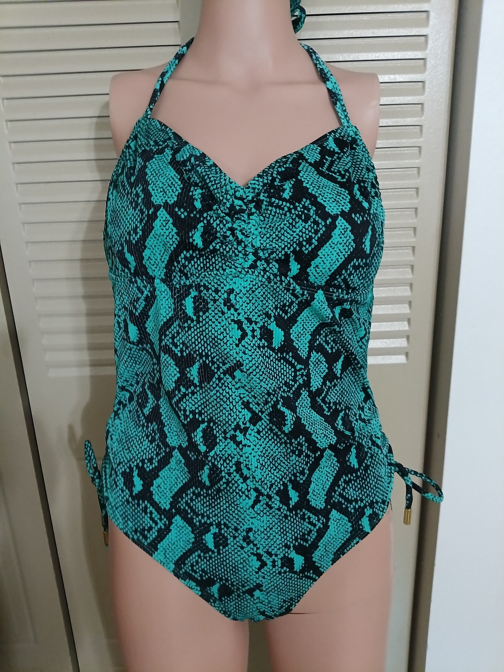 No Boundaries Teal and Black Snake Print Halter One-Piece Swimsuit